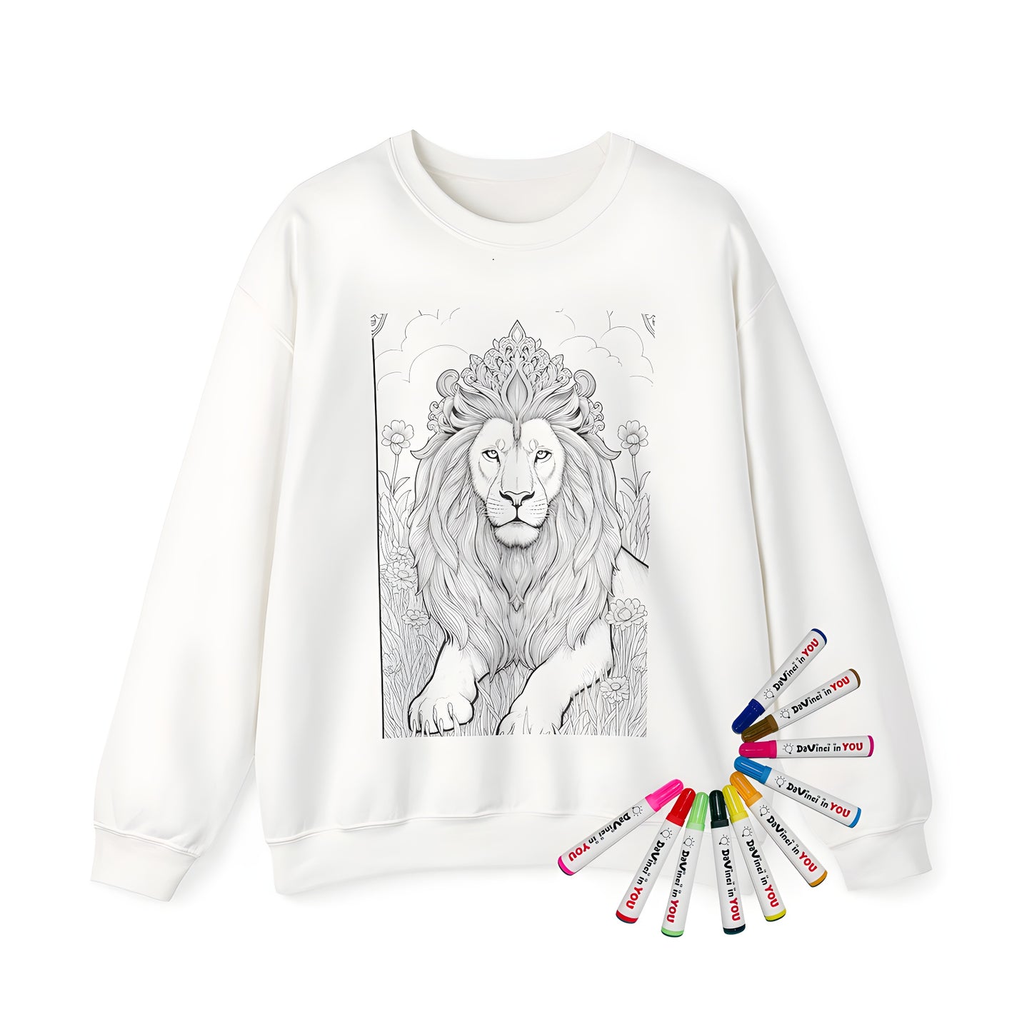 Adult sweatshirt featuring an intricate black and white lion design with decorative mane amidst flowers and grass