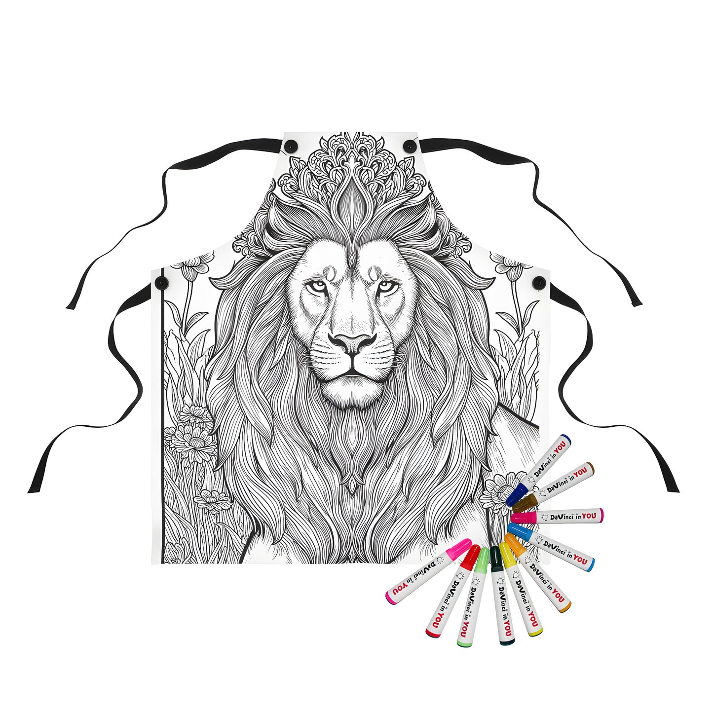 Intricate black and white drawing of majestic lion with decorative mane on colorful apron