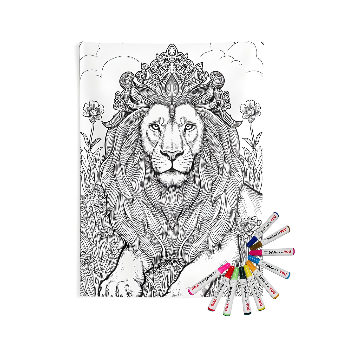 Intricate black and white drawing of a regal lion with a luxurious mane, set amidst flowers and grass on an Indoor Wall Tapestry.
