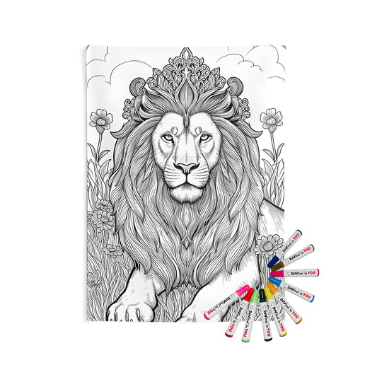 Intricate black and white drawing of a regal lion with a luxurious mane, set amidst flowers and grass on an Indoor Wall Tapestry.