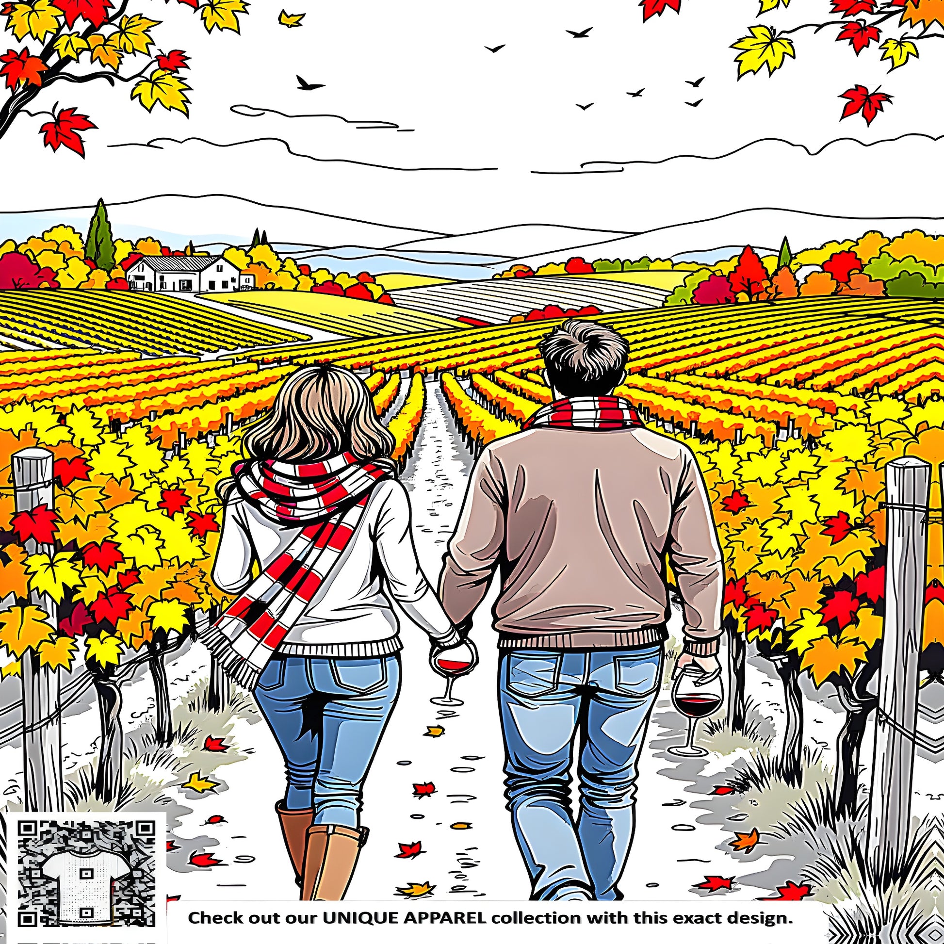 Couple strolling through a vibrant fall vineyard surrounded by colorful leaves and countryside
