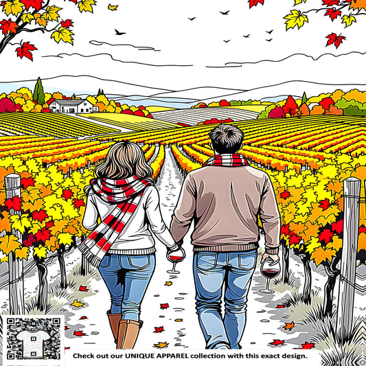 Couple strolling through a vibrant fall vineyard surrounded by colorful leaves and countryside