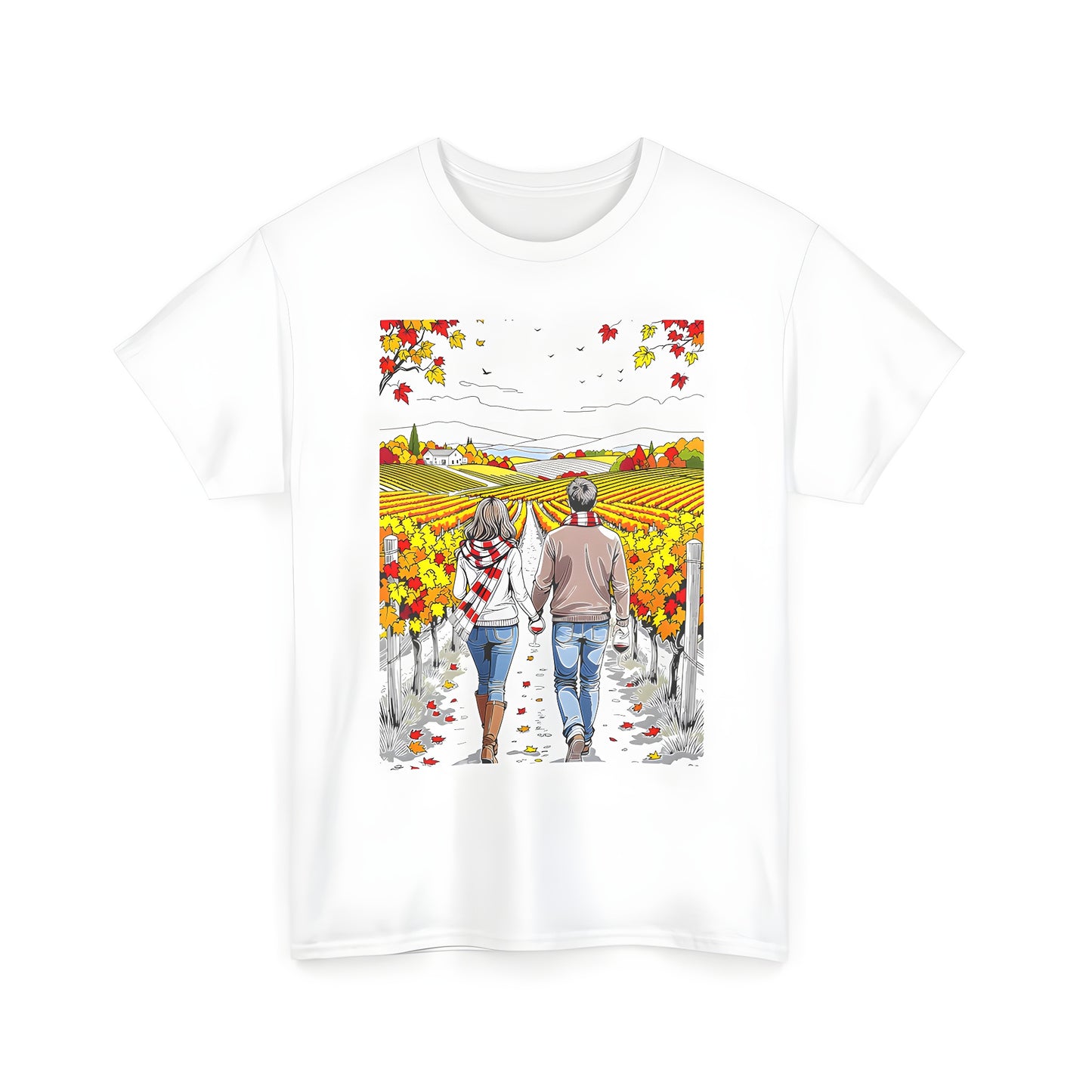 Vibrant unisex t-shirt with a beautiful couple in fall vineyard graphic design