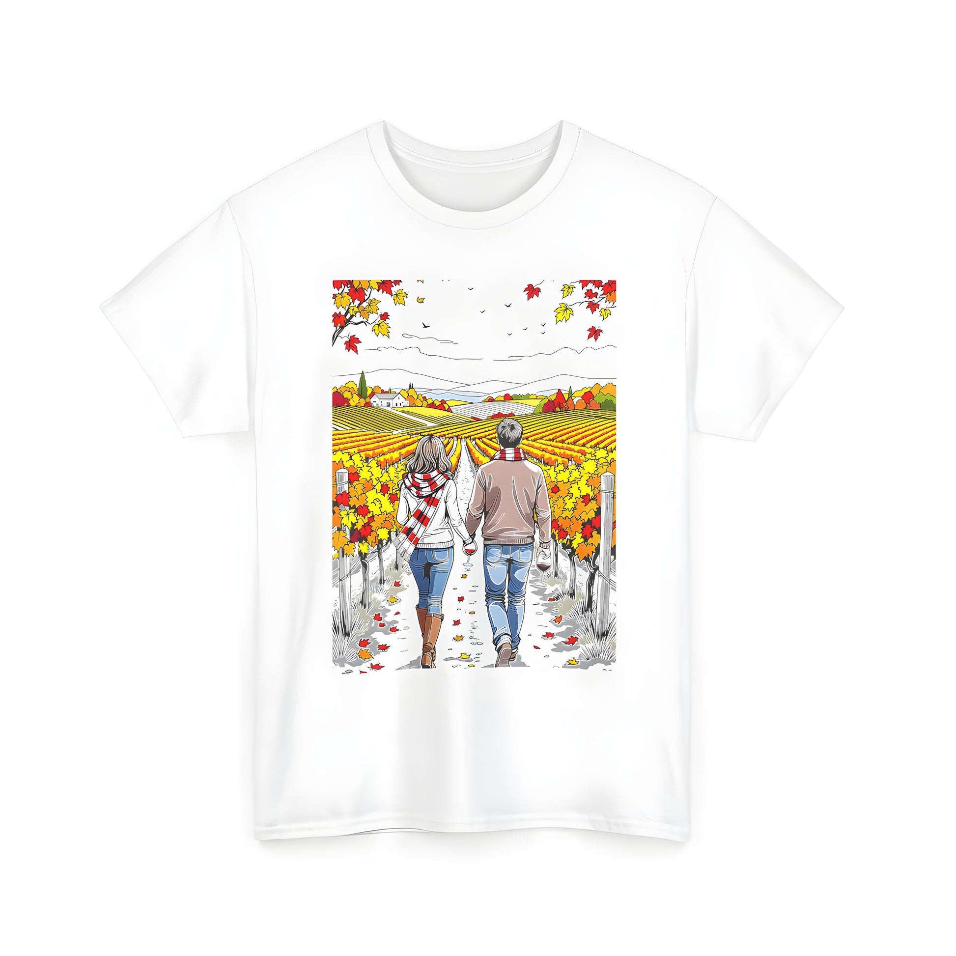 Vibrant unisex t-shirt with a beautiful couple in fall vineyard graphic design