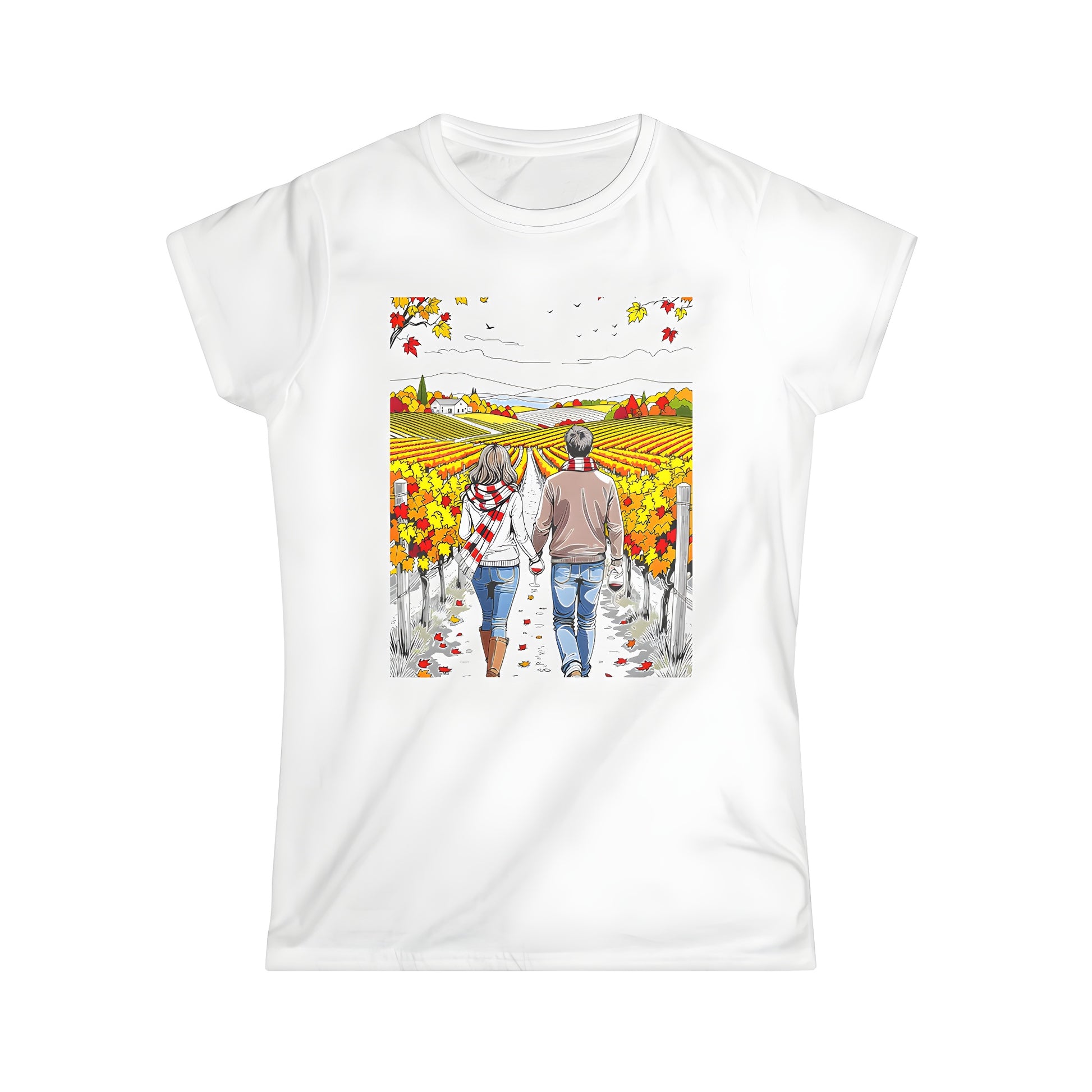 Women's colourful graphic t-shirt featuring a romantic couple walking through a vibrant vineyard during autumn