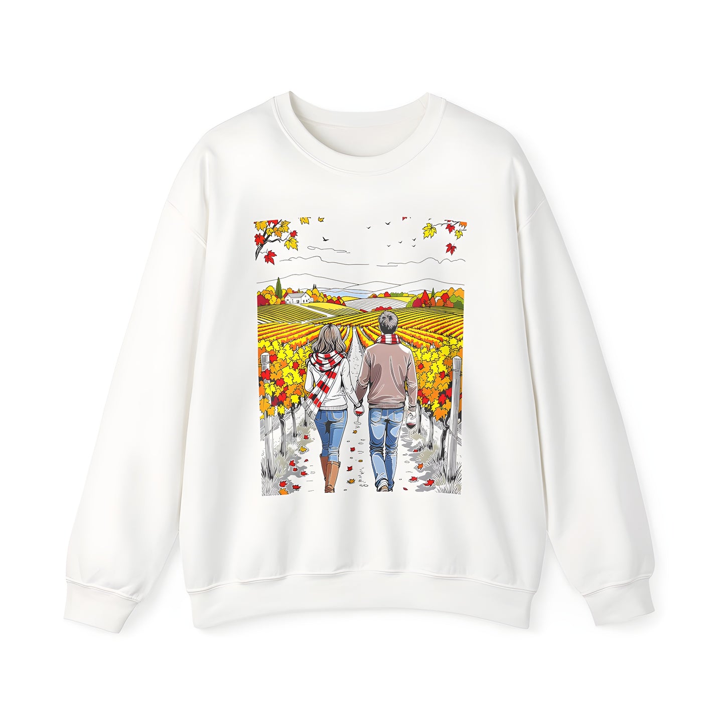 Adult sweatshirt with vibrant fall vineyard couple graphic design