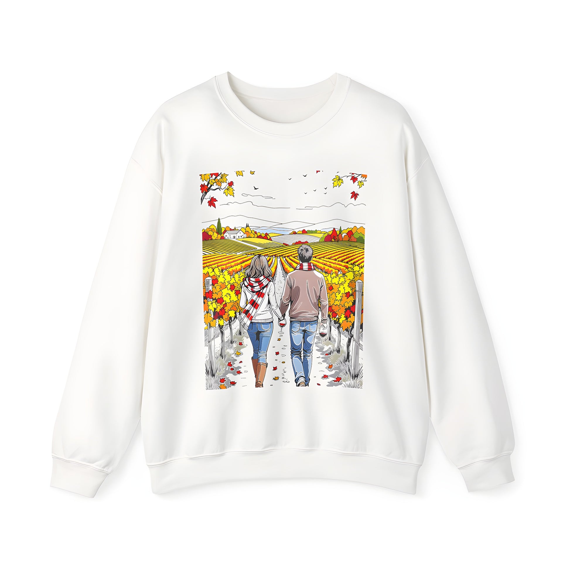 Adult sweatshirt with vibrant fall vineyard couple graphic design