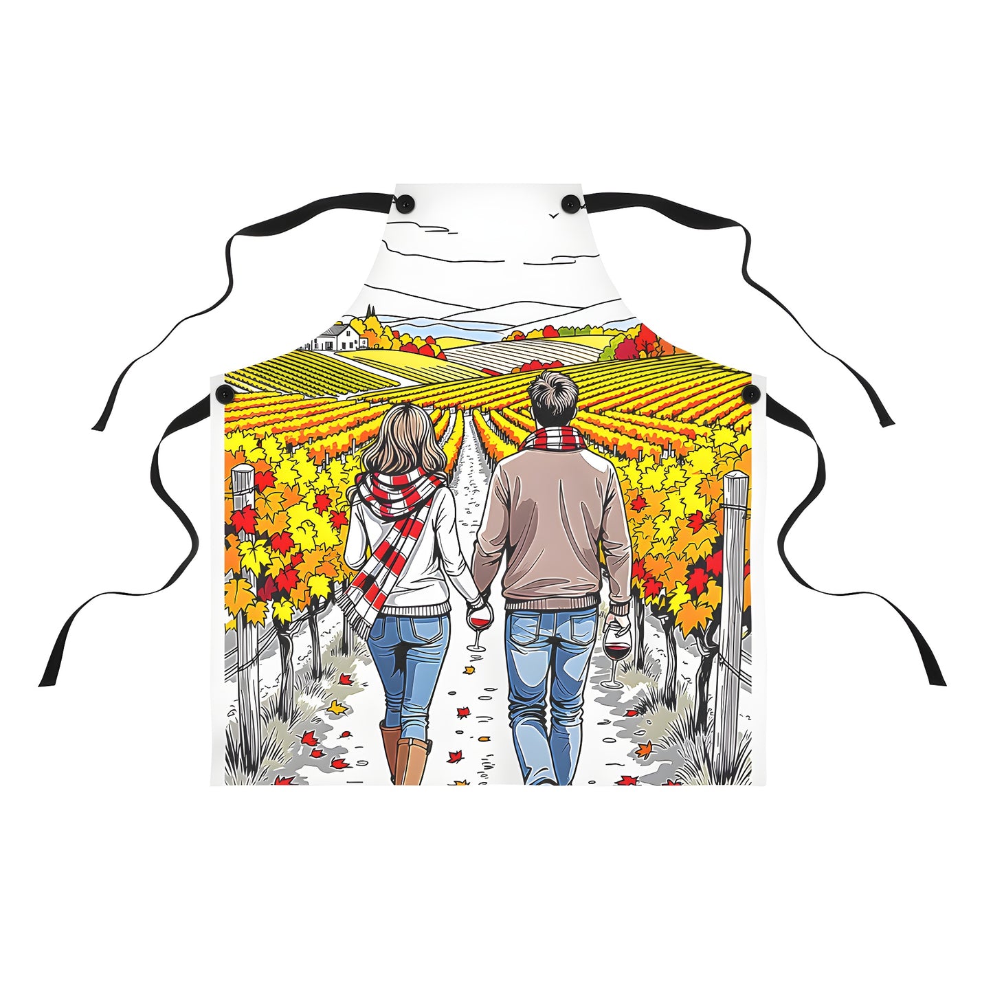 Colorful graphic design apron for couples, featuring a pair walking through a vineyard in fall