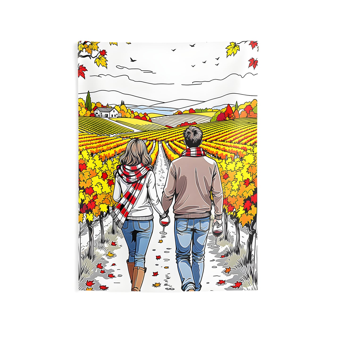 Colorful fall vineyard wall tapestry, couple walking hand in hand surrounded by autumn leaves