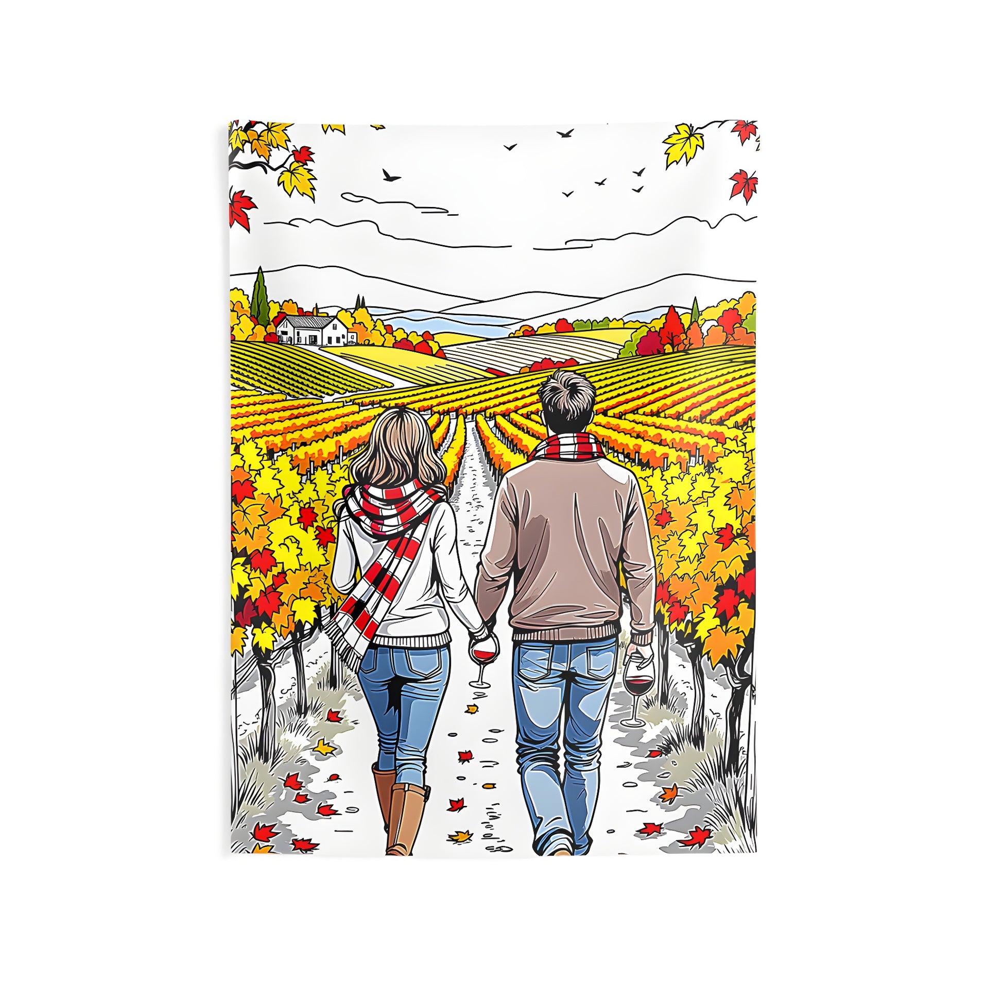 Colorful fall vineyard wall tapestry, couple walking hand in hand surrounded by autumn leaves