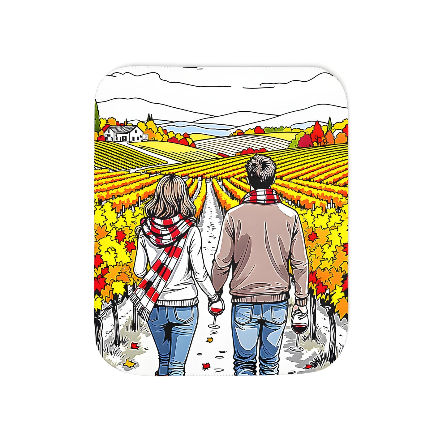 Blanket with colorful graphic design of a romantic fall vineyard couple surrounded by vibrant leaves and countryside