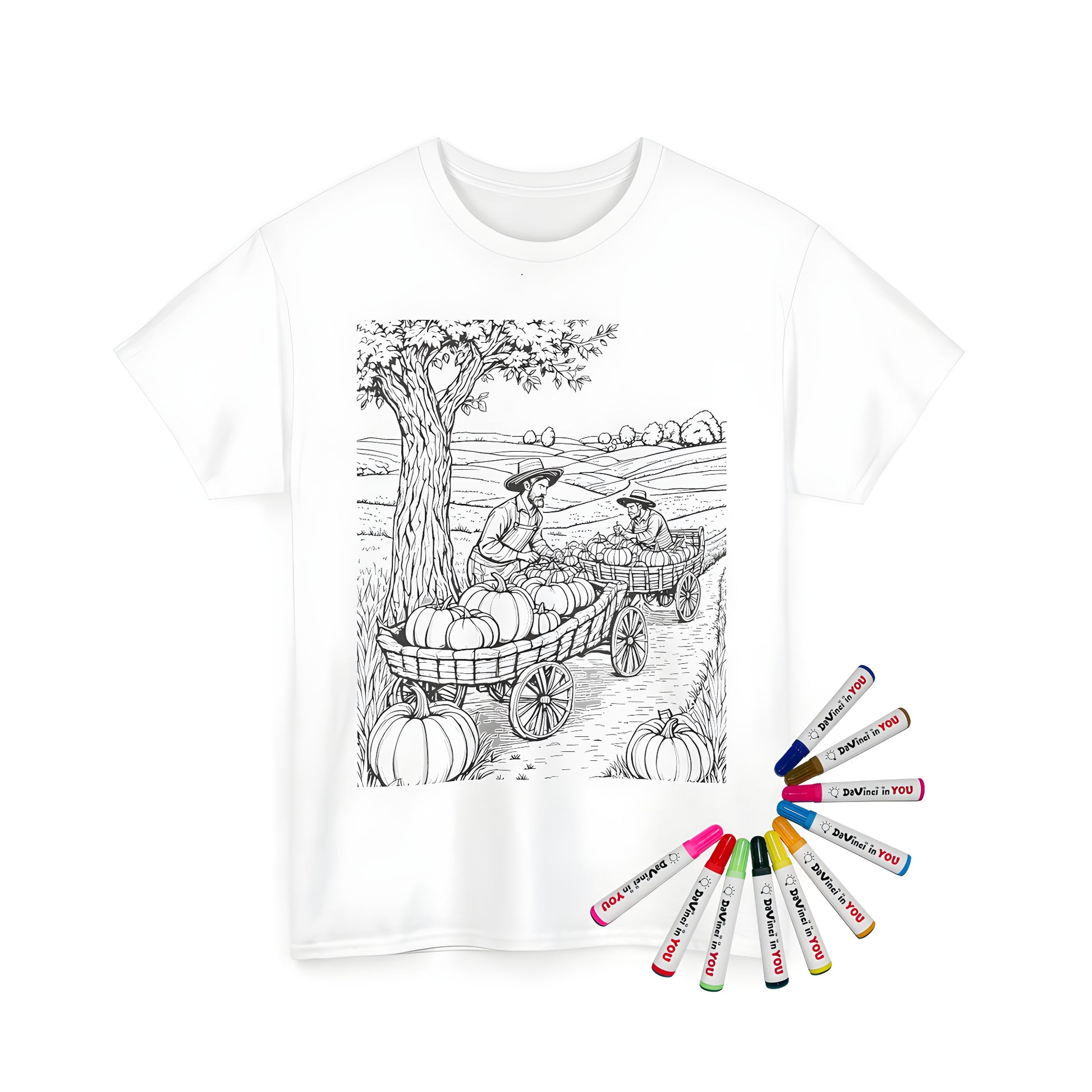 Unisex T-shirt with colorful autumnal harvest design of two farmers collecting pumpkins in carts under a tree