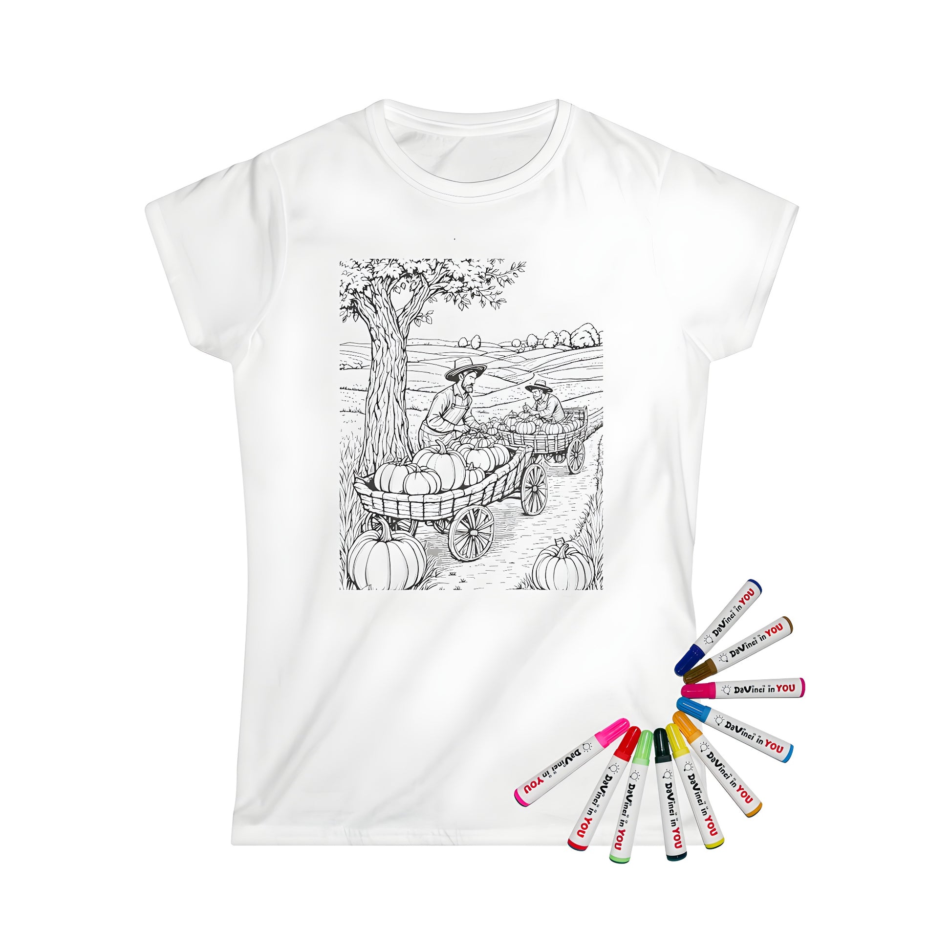 Women's T-shirt featuring a colorful Harvest design of Two farmers collecting pumpkins under a tree