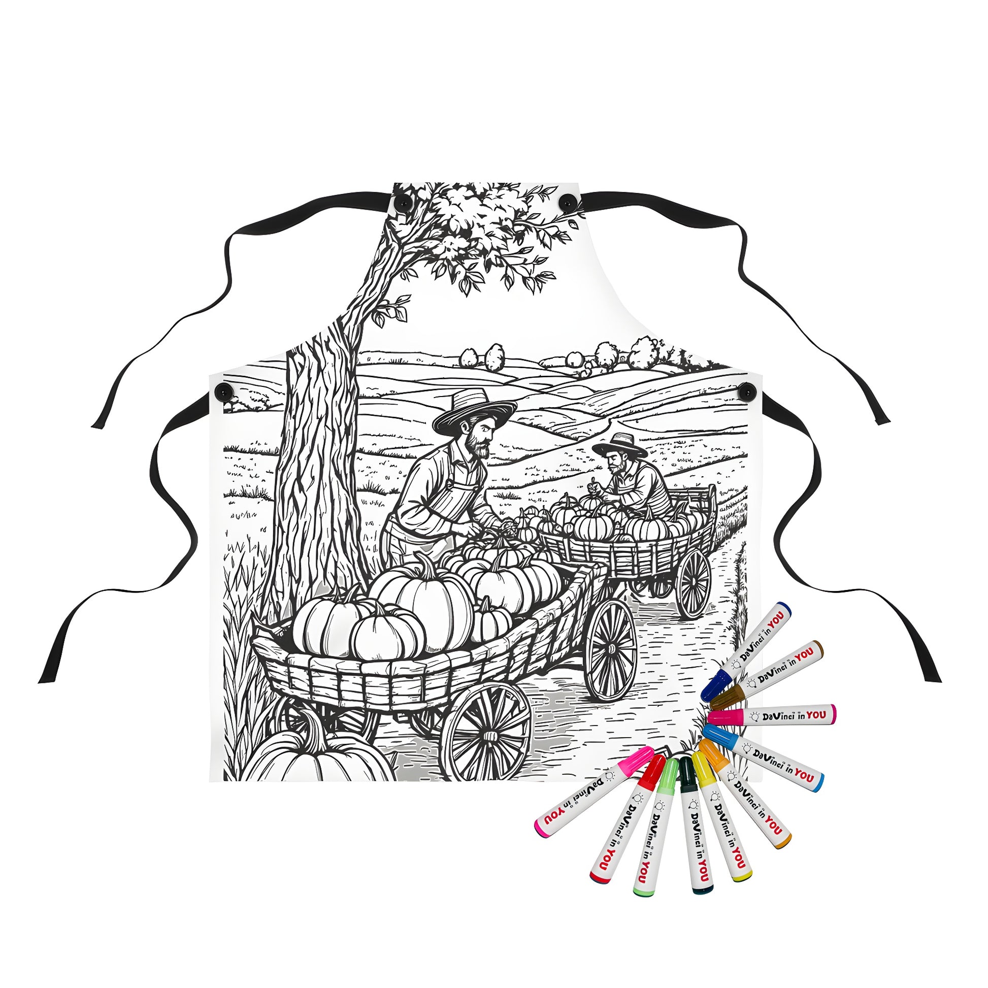 Apron with colorful harvest scene: two farmers collecting pumpkins under a tree in a rural landscape