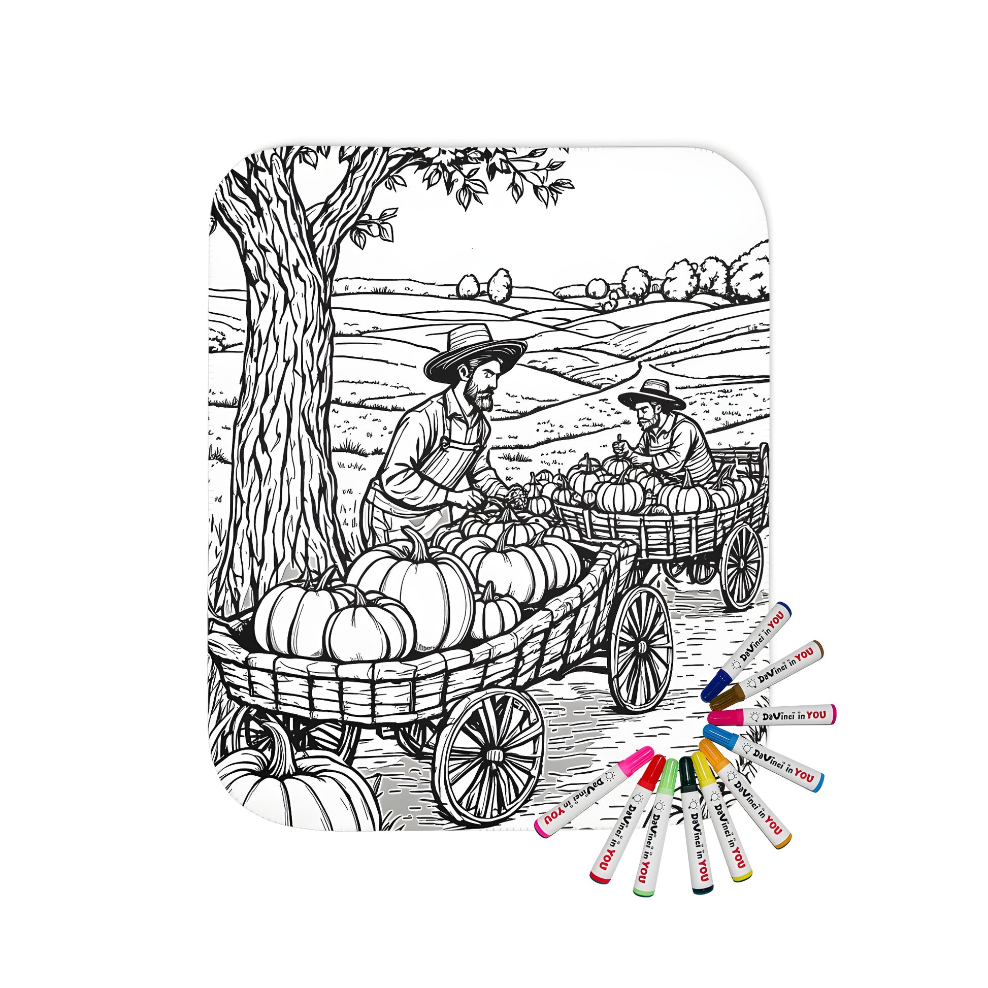Cozy blanket with a harvest-themed design featuring two farmers collecting pumpkins under a tree, perfect for fall and autumn