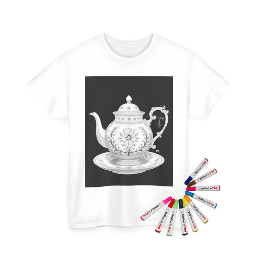 Unisex tee with intricate teapot drawing and floral patterns