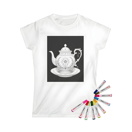 Women's t-shirt with an intricate teapot design featuring detailed floral patterns for a classic elegant look