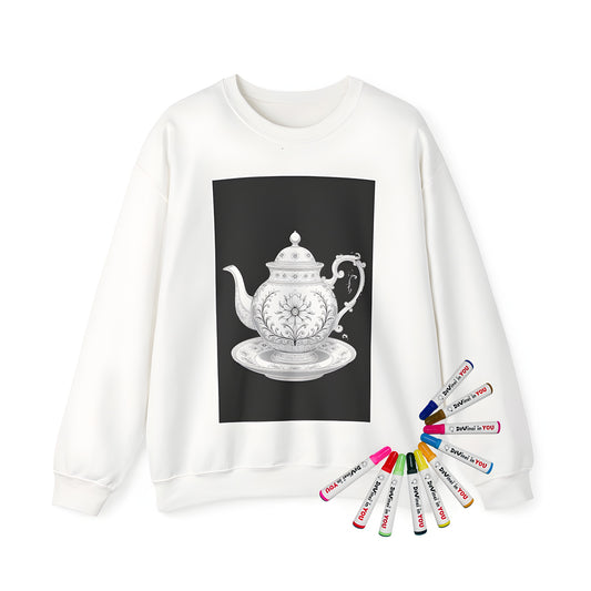 Adult sweatshirt featuring an intricate line drawing of a teacup, adorned with floral patterns, exuding classic elegance and sophistication