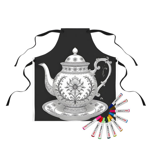 Apron with intricately designed teapot and floral patterns