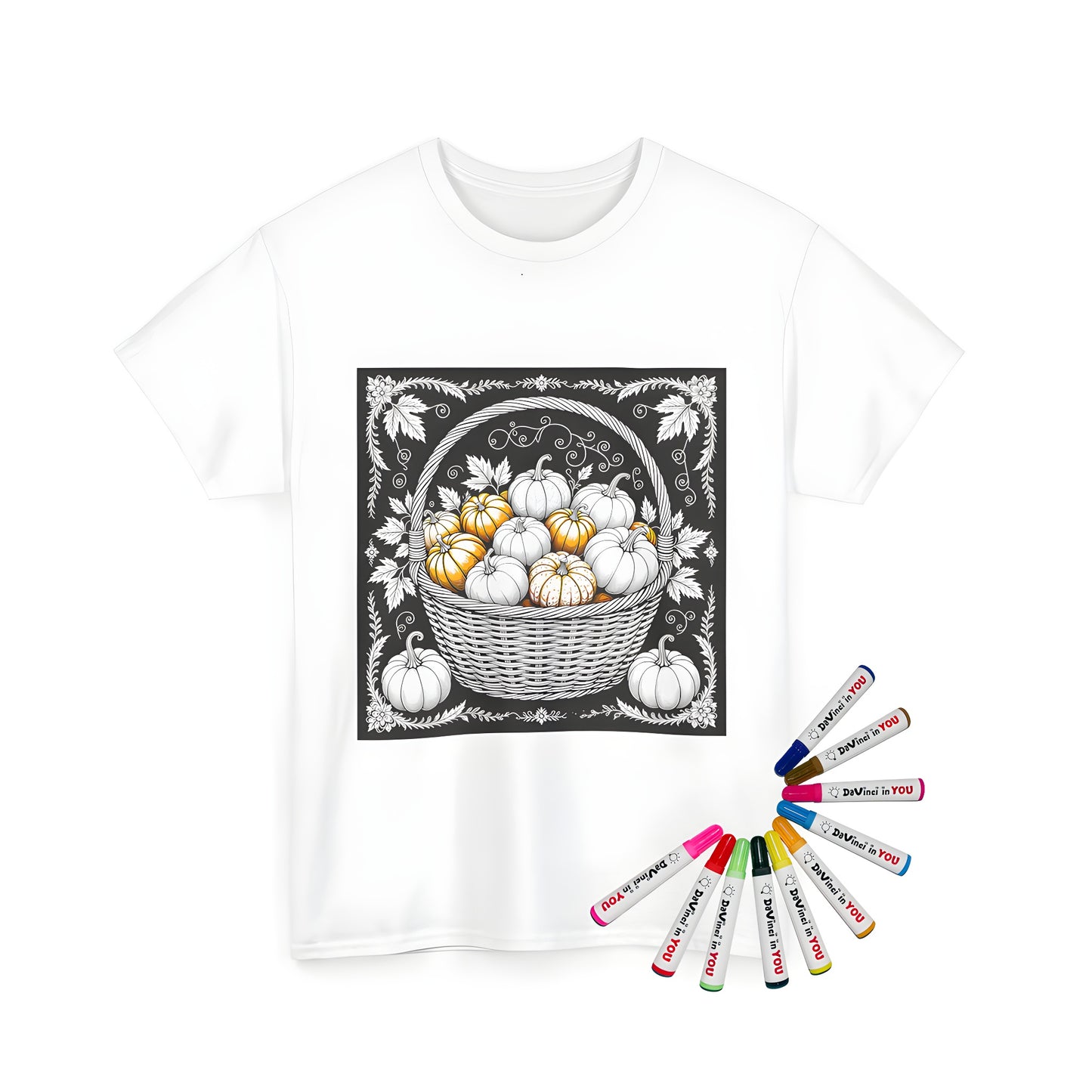 Gourd, squash, autumnal design on a unisex t-shirt, featuring a colorful basket filled with intricately drawn gourds, surrounded by artistic floral patterns and swirling designs