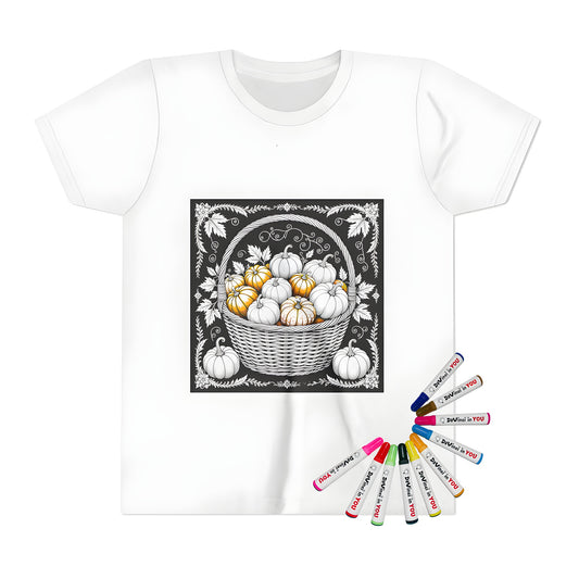 Kids' t-shirt featuring an autumnal design of intricately drawn pumpkins, gourds, and fall flowers on a colorful background