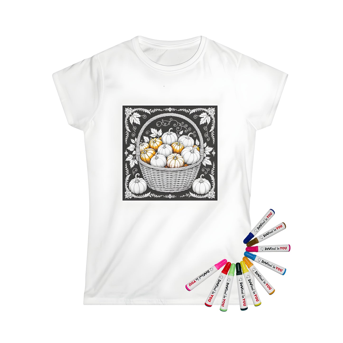 Women's T-shirt with intricate pumpkin design, colorful fabric markers, perfect for coloring and creative expression