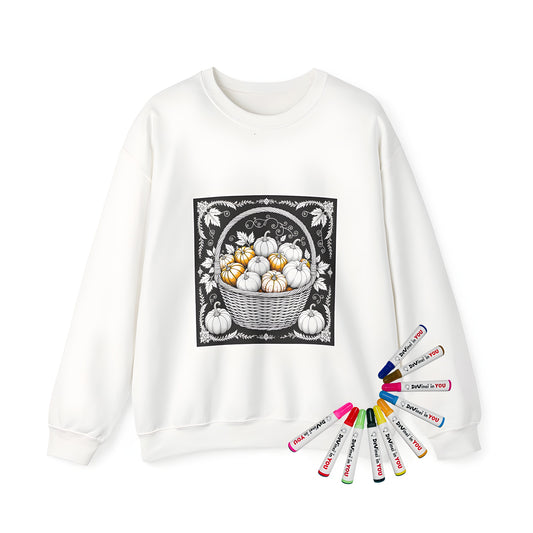 Adult Sweatshirt featuring intricate designs of pumpkins, gourds, squashes, and harvest flowers, perfect for fall season
