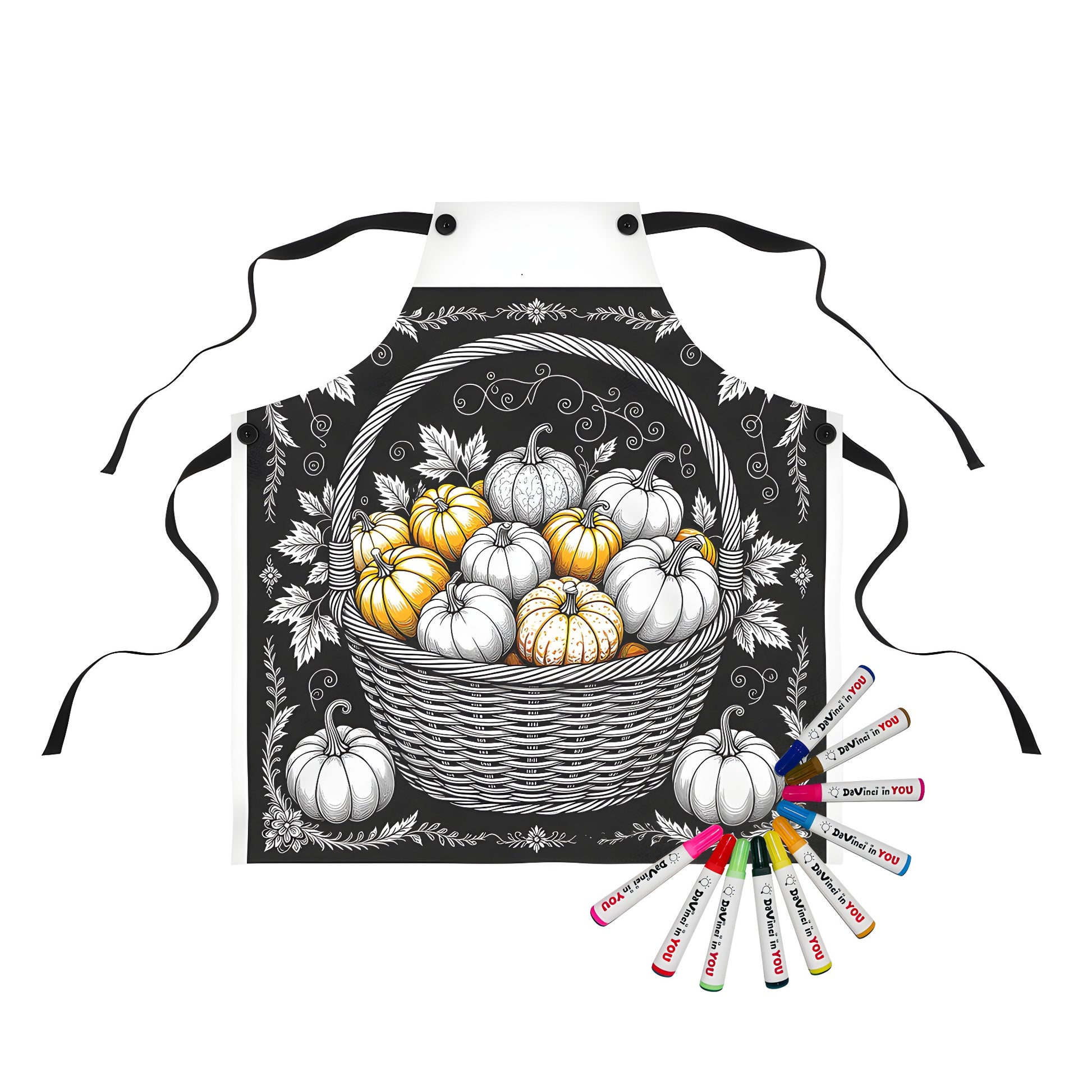 Apron with vibrant pumpkin design, perfect for coloring with our fabric markers.