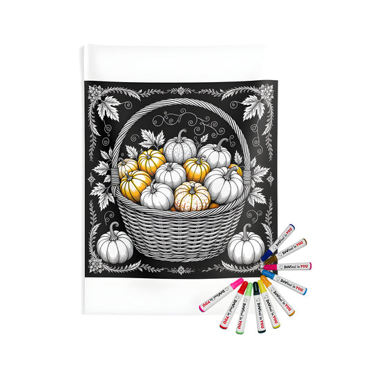 Vibrant indoor wall tapestries coloring kit featuring intricately drawn pumpkins, gourds, squash, and fall flowers in a serene and decorative design.