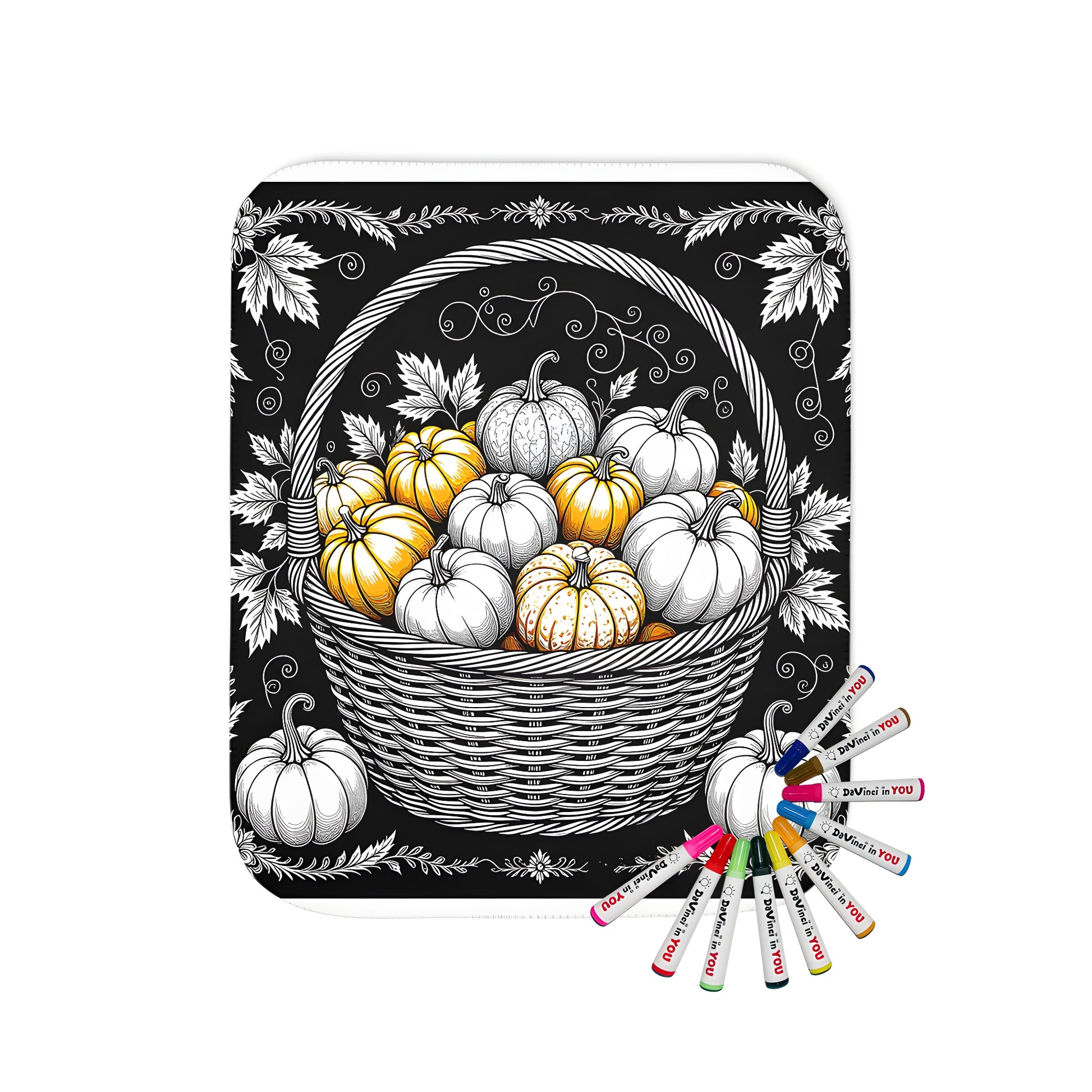 Cozy blanket with intricately drawn pumpkin-themed artwork, surrounded by artistic floral designs and swirls