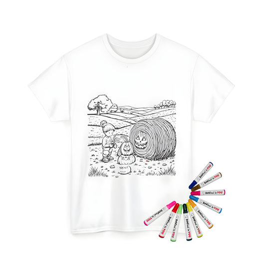Unisex T-shirt with vibrant coloring page design of children decorating pumpkins with Halloween faces in an autumnal field scene, featuring hay bales and trees