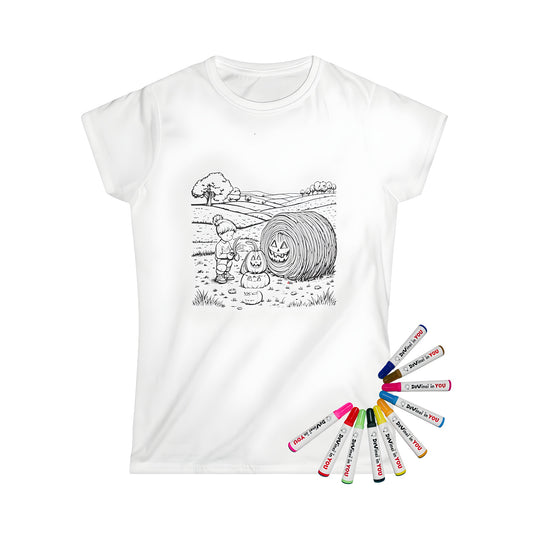 Women's T-shirt with vibrant coloring kit design of child decorating pumpkins, hay bales and trees in autumn scenery