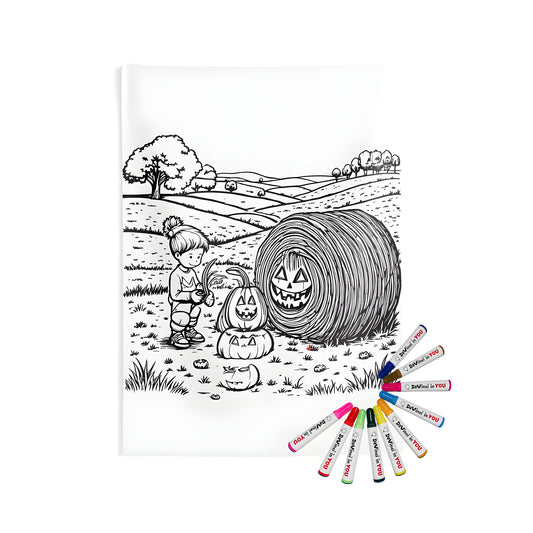 Indoor wall tapestry featuring colorful autumnal scene of a child decorating pumpkins with Halloween faces in a scenic field amidst hay bales and trees.