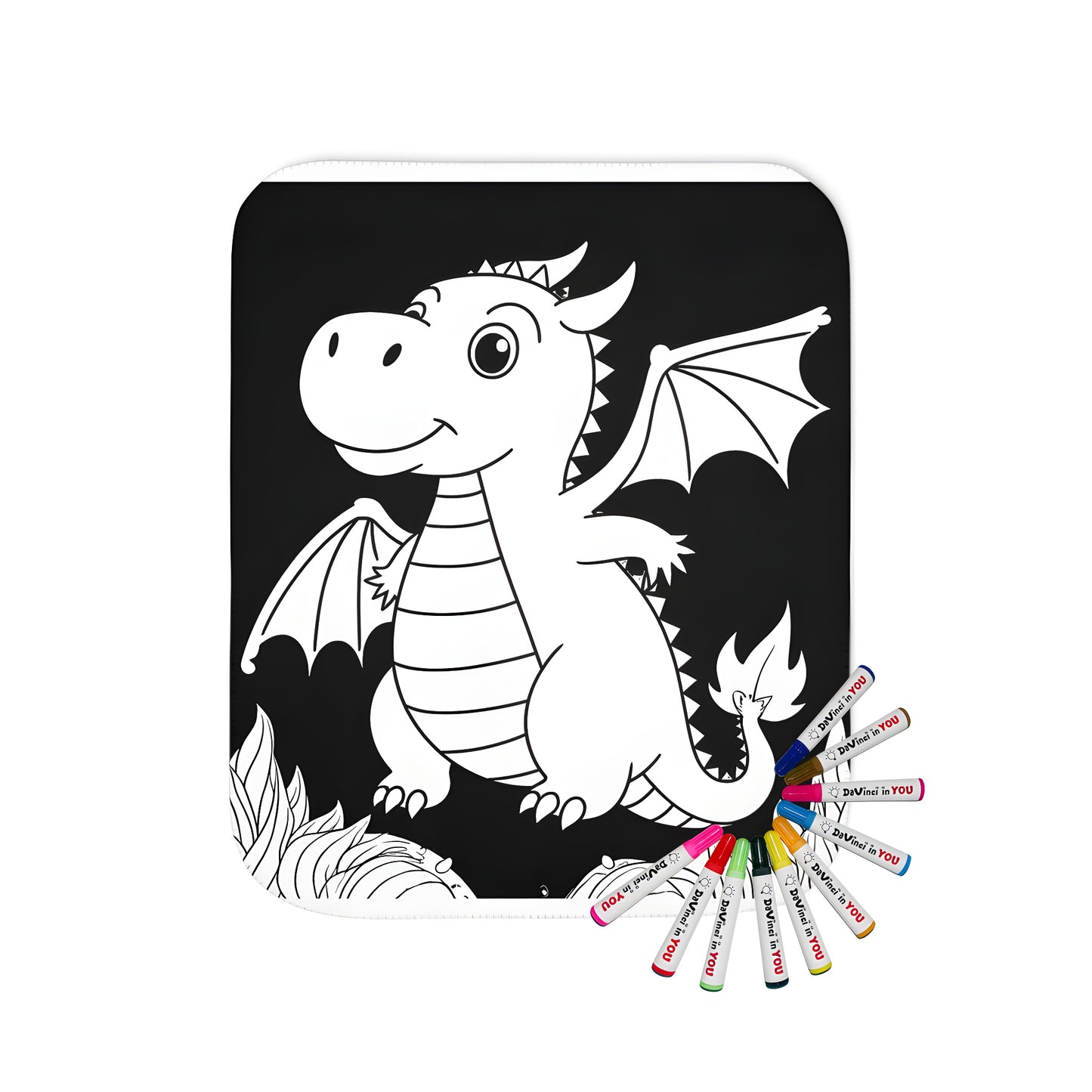 Blanket with adorable dragon design and fabric markers
