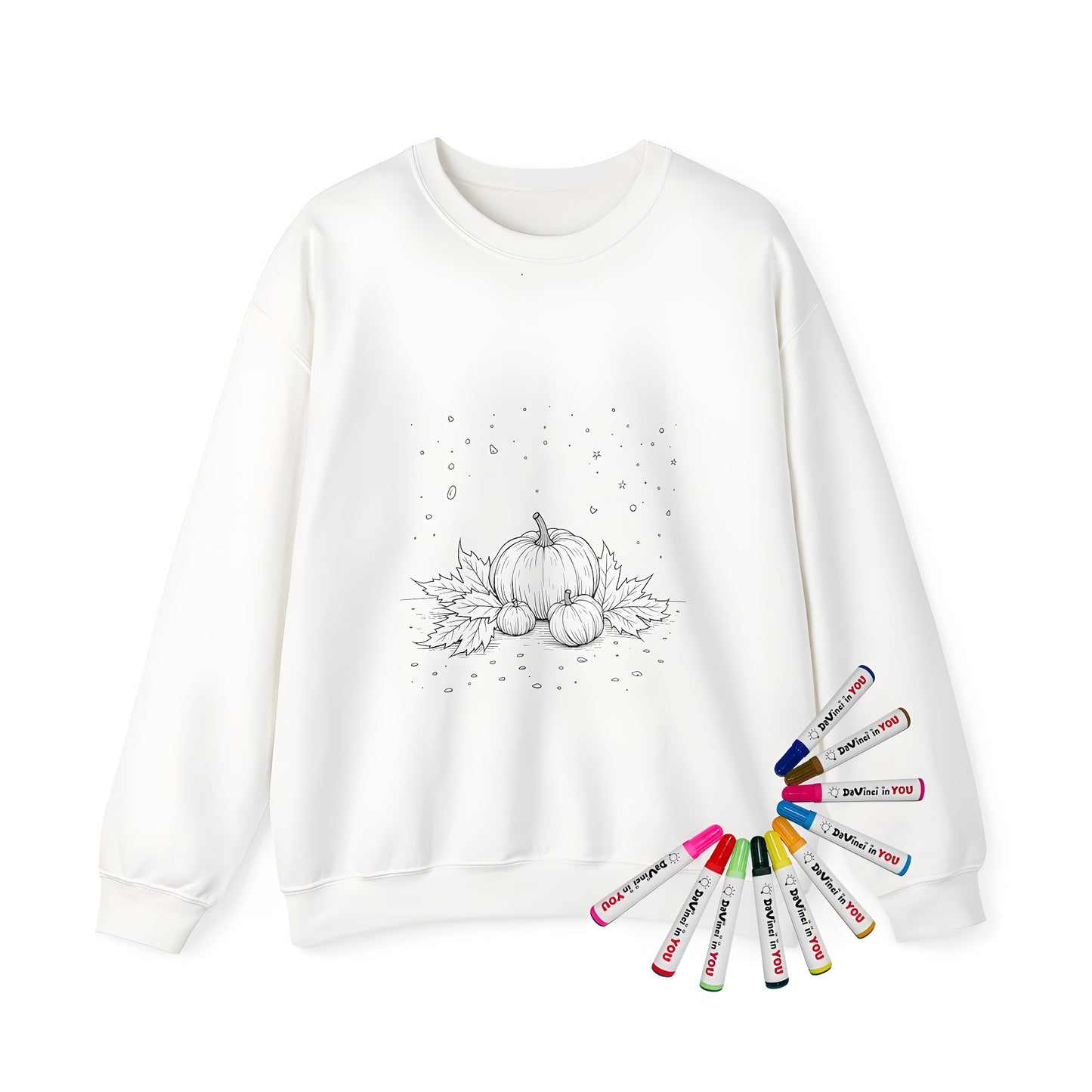 Adult sweatshirt with vibrant pumpkin design amidst fall foliage and stars
