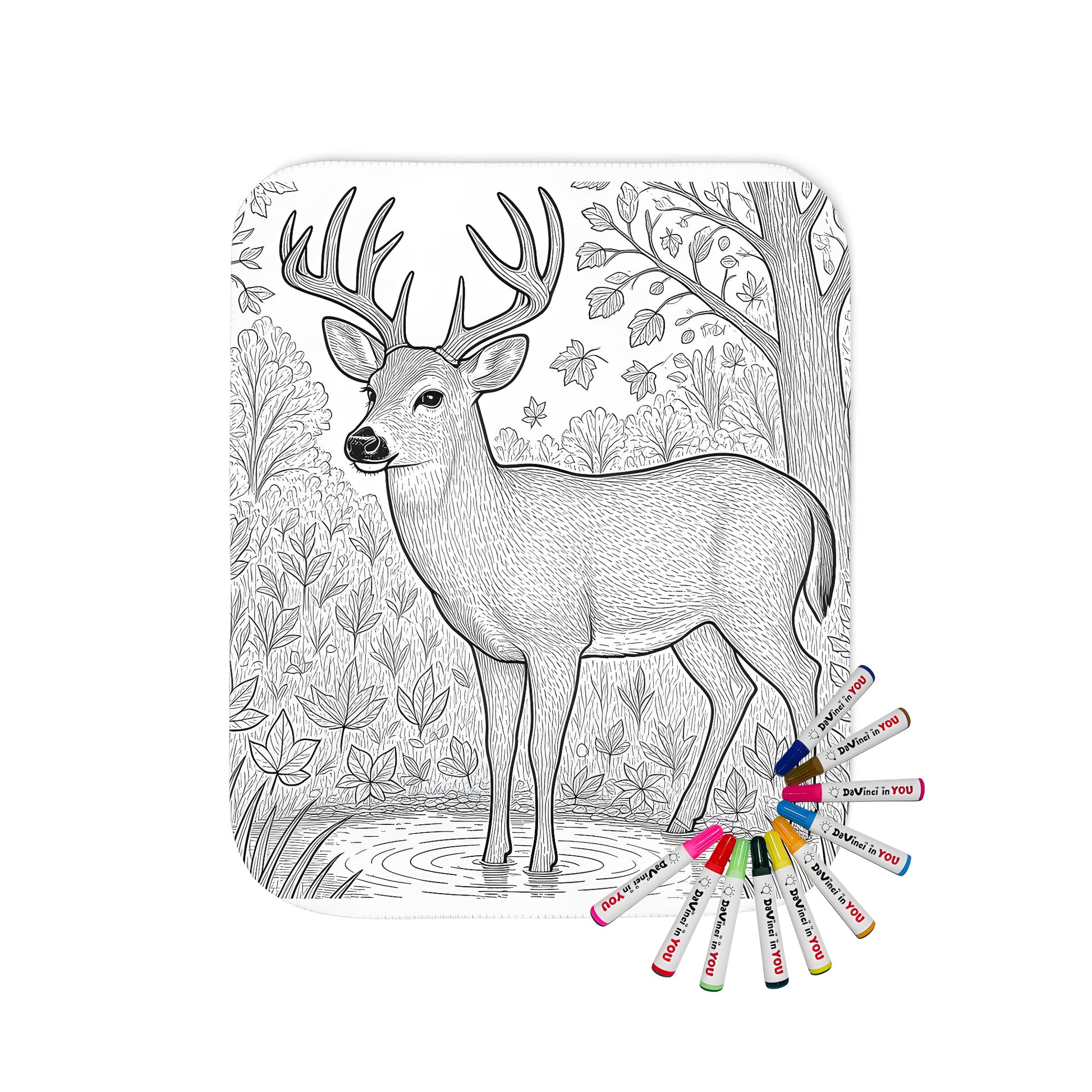 Blanket with a detailed coloring page deer standing in a forest setting, surrounded by trees and foliage, colorful