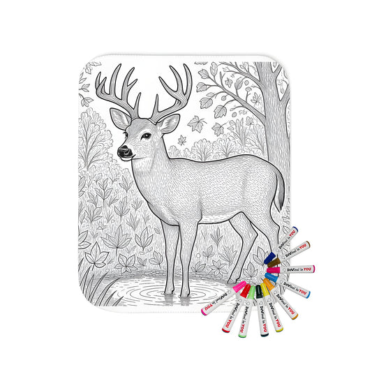 Blanket with a detailed coloring page deer standing in a forest setting, surrounded by trees and foliage, colorful