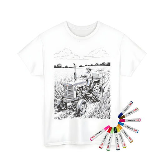 Unisex t-shirt with vintage tractor coloring page design, perfect for kids and adults