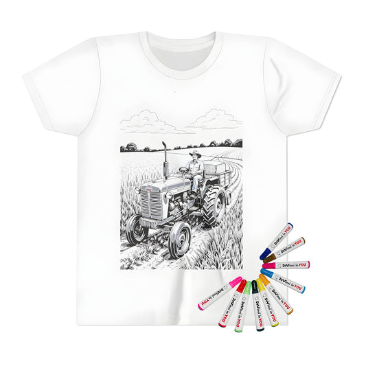 Kid's T-shirt with tractor design features a farmer driving a vintage tractor through a serene wheat field