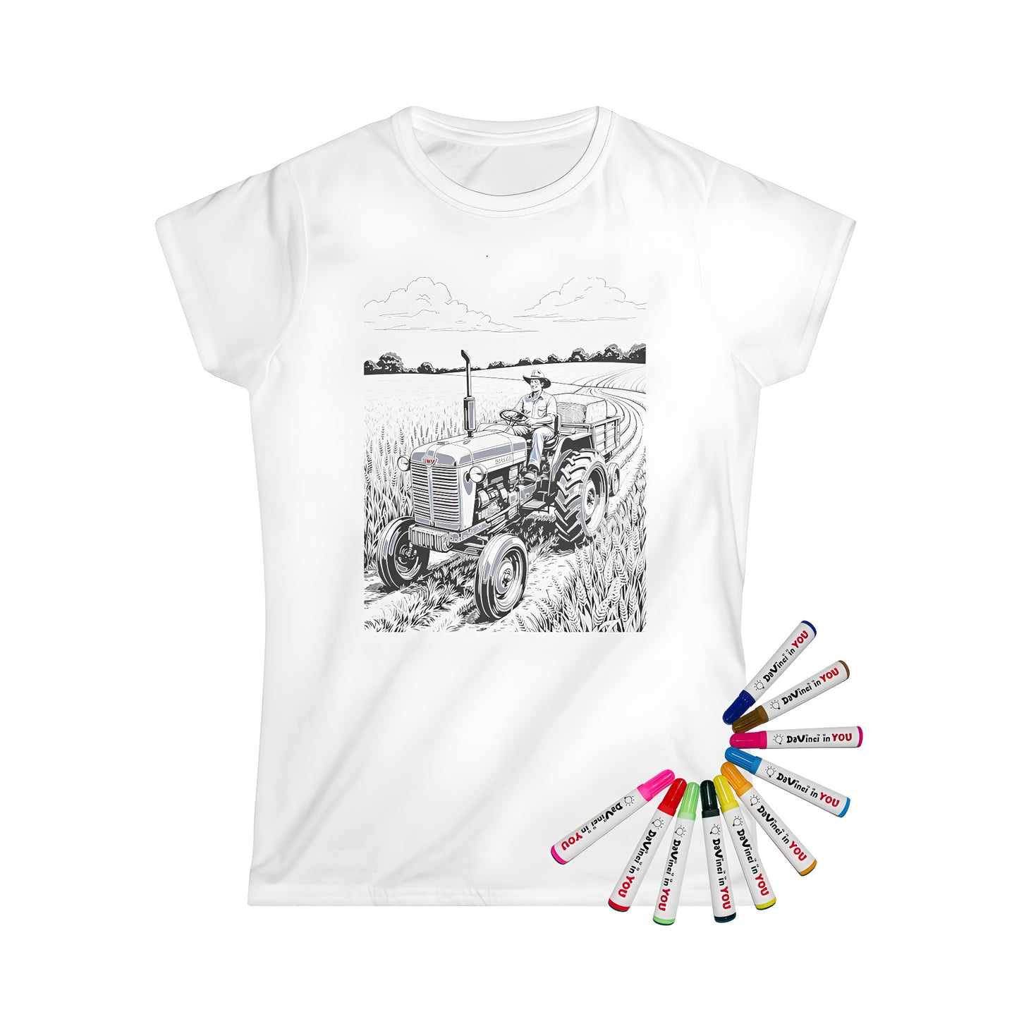 Women's T-shirt with vintage tractor design on a coloring page background featuring a farmer driving through a wheat field under a bright sky.