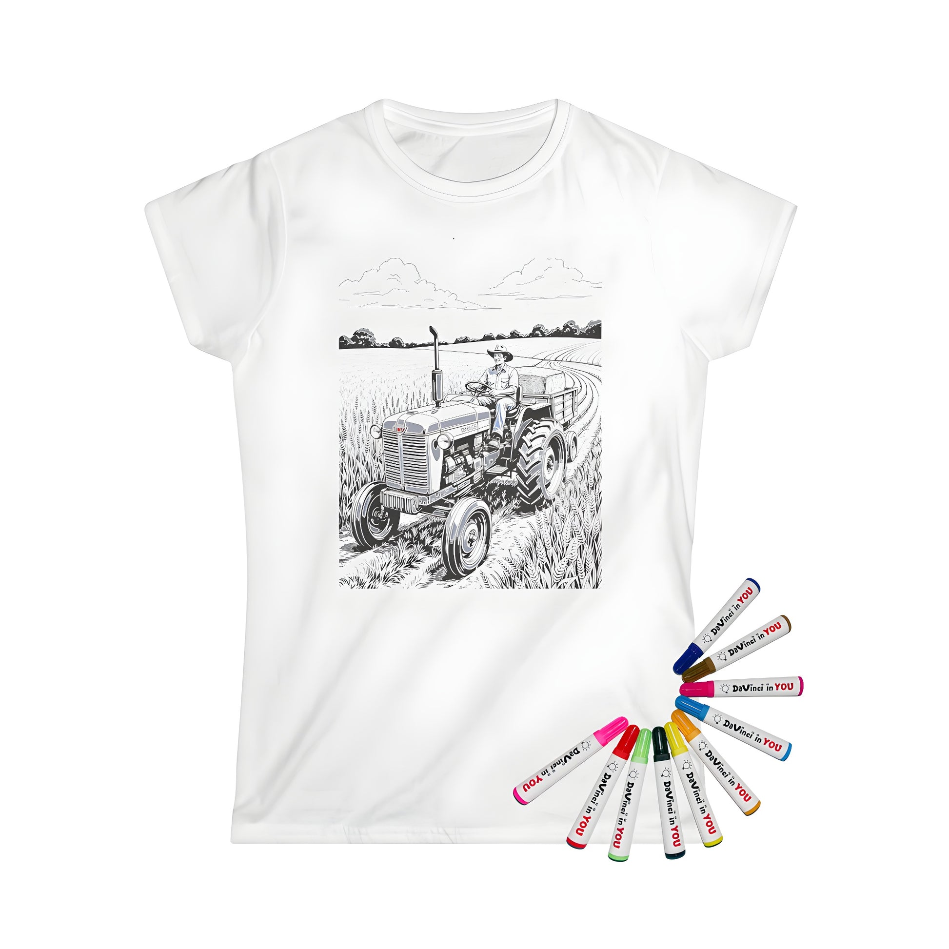 Women's T-shirt with vintage tractor design on a coloring page background featuring a farmer driving through a wheat field under a bright sky.
