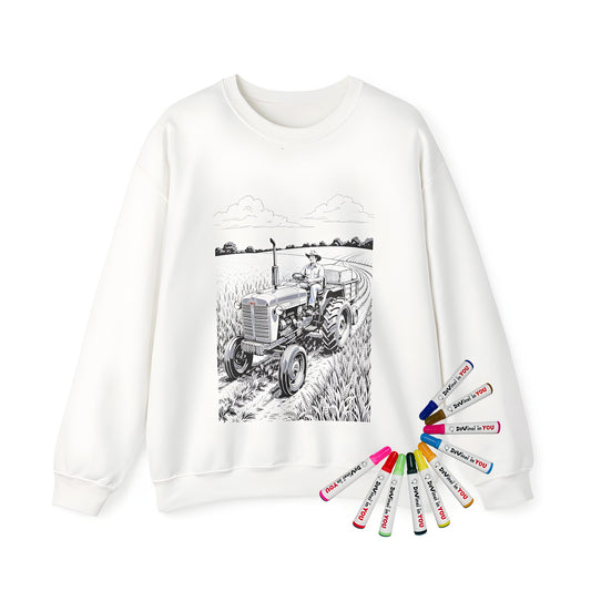Adult sweatshirt featuring a vintage tractor driving through a serene wheat field under a bright sky