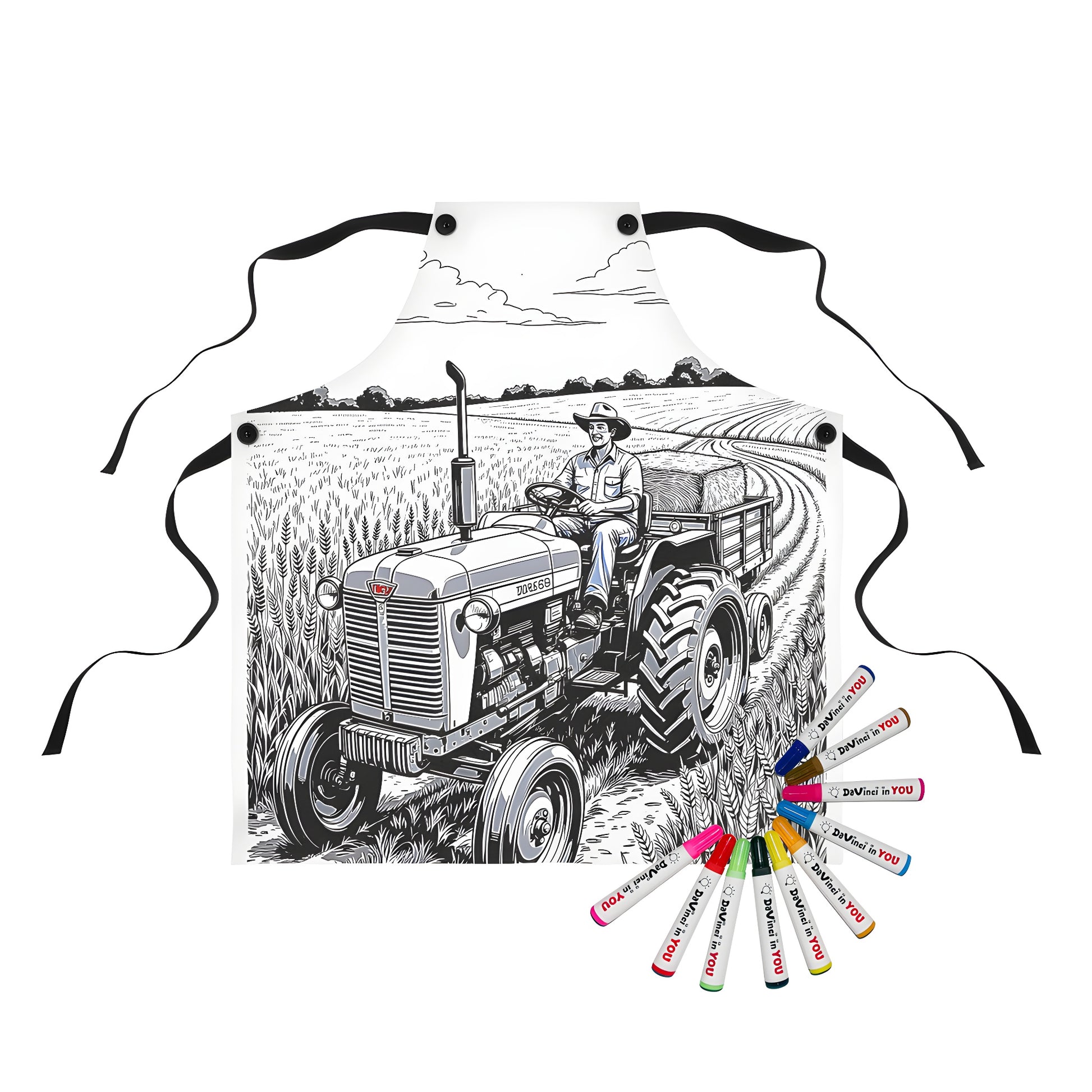 Apron with tractor design, featuring a vintage tractor driving through a wheat field under a bright sky