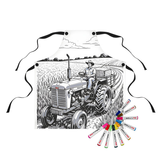 Apron with tractor design, featuring a vintage tractor driving through a wheat field under a bright sky