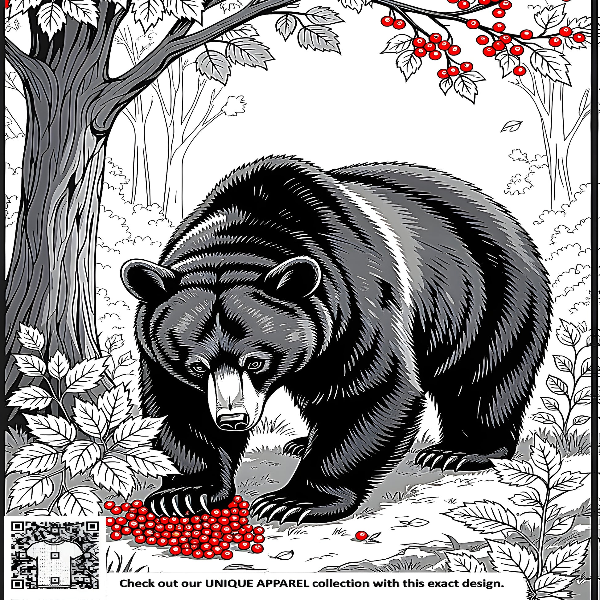 Colorful Graphic Design - Black Bear in a serene Grayscale Forest setting surrounded by Red Berries and Foliage