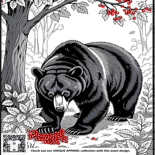 Colorful Graphic Design - Black Bear in a serene Grayscale Forest setting surrounded by Red Berries and Foliage