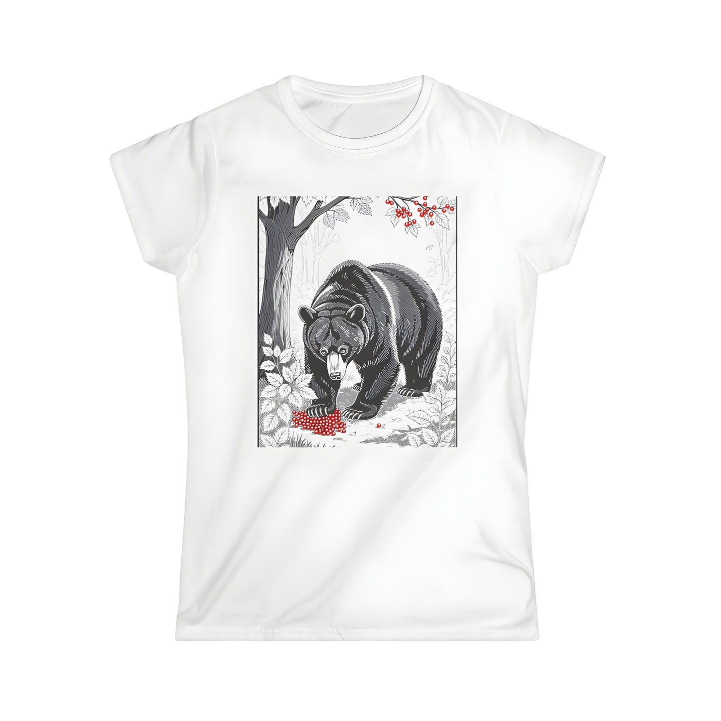 Women's T-Shirt featuring a colorful bear in nature graphic design