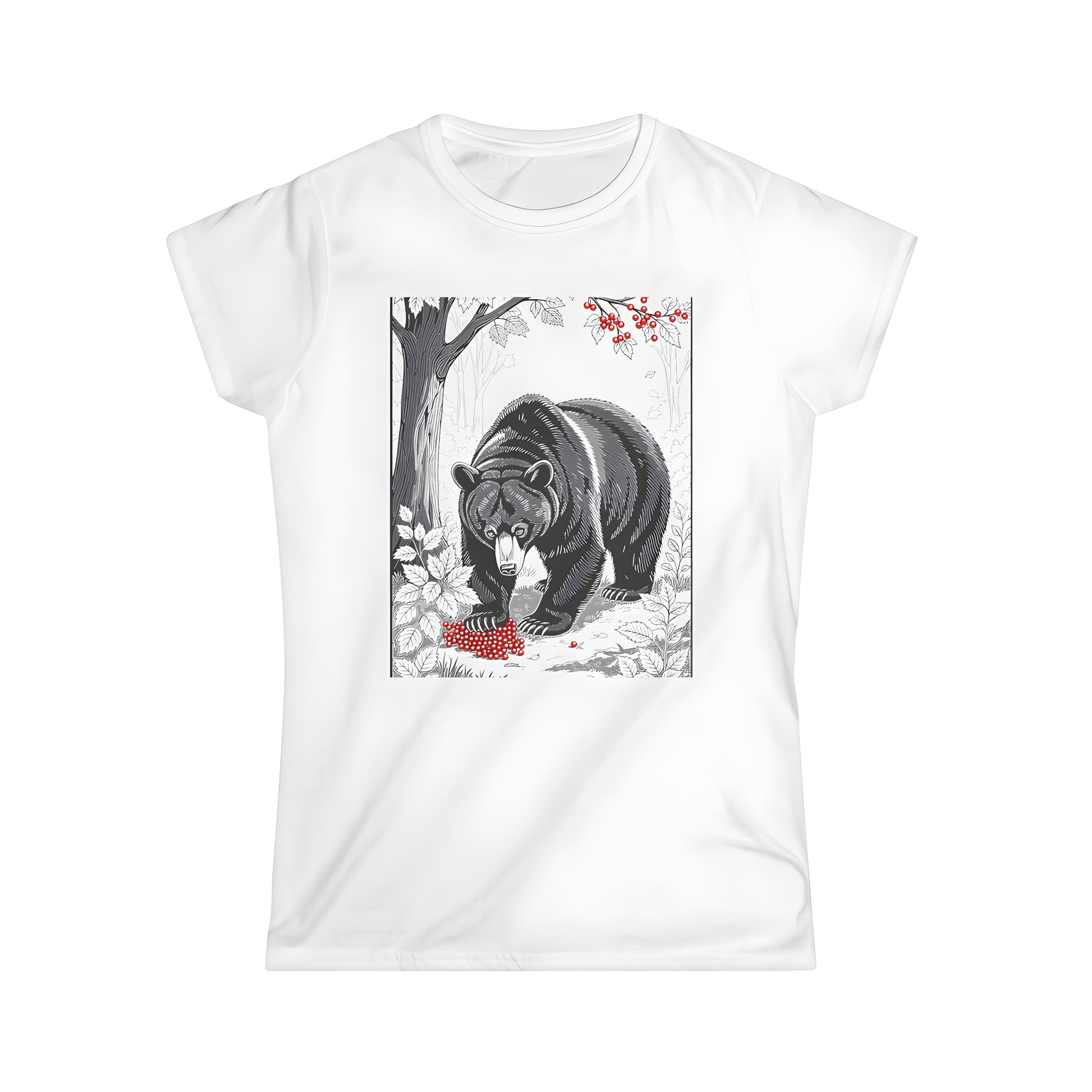 Women's T-Shirt featuring a colorful bear in nature graphic design