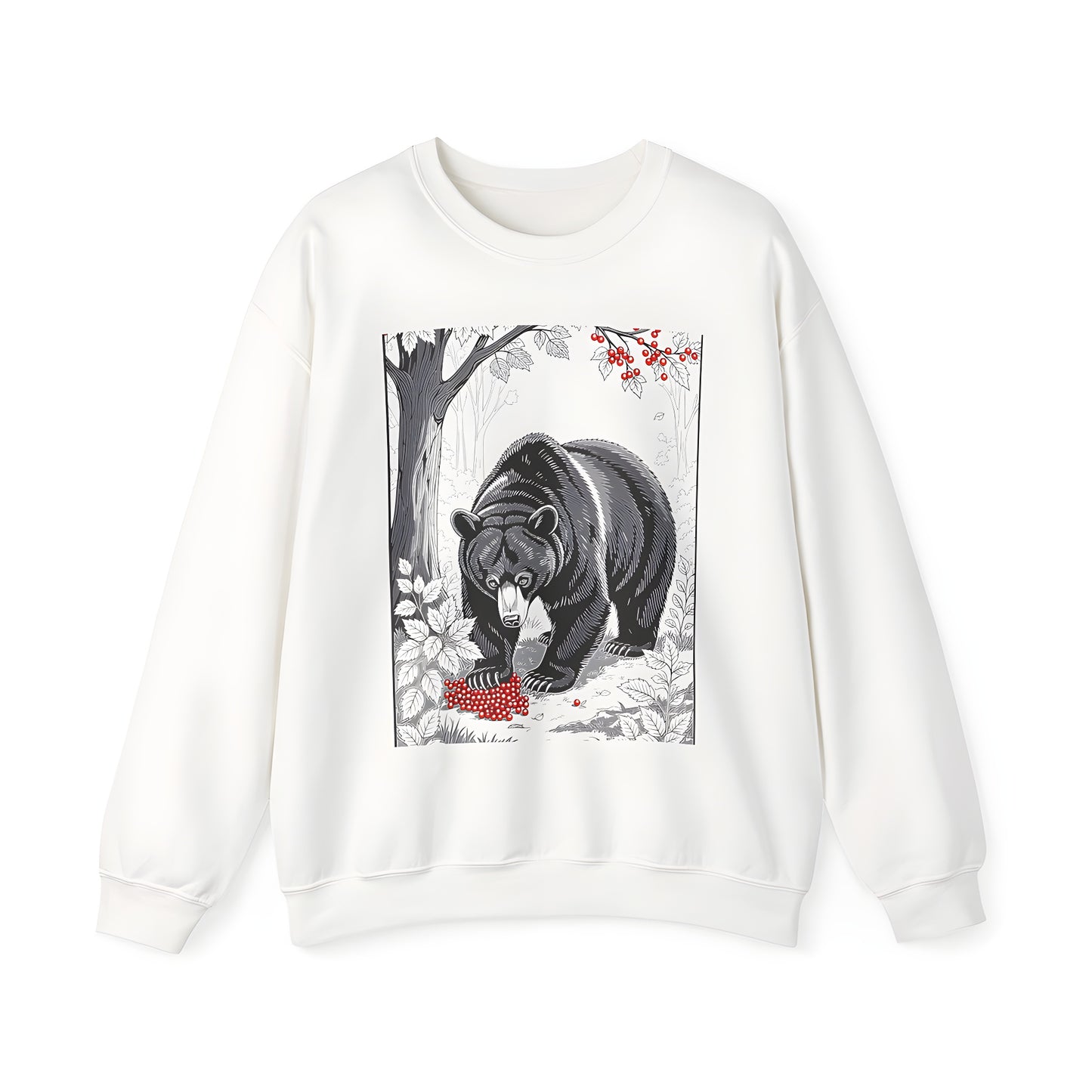 Adult Sweatshirt with Grayscale Forest Design featuring a Black Bear surrounded by Red Berries and Foliage
