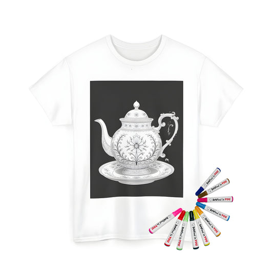 Unisex tees with colorful teapot design for adults and kids